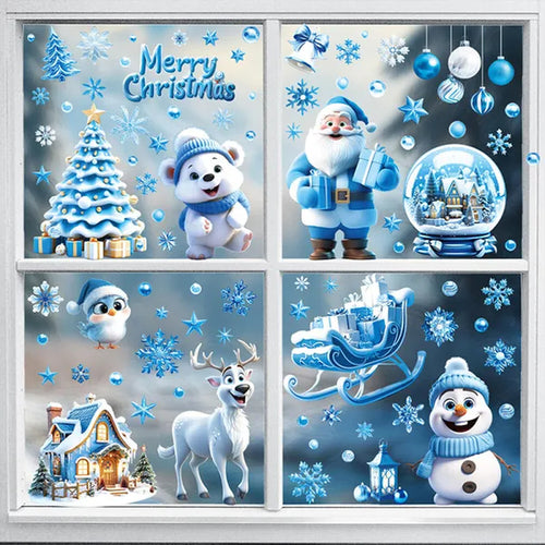Load image into Gallery viewer, 9 Sheets Christmas Window Clings Blue Theme Santa Claus Reindeer Snowman Snowflake Pattern Window Decal Reusable Double Sided Static Stickers for Holiday Winter Xmas Party Decoration
