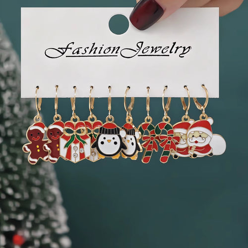 Load image into Gallery viewer, 10Pcs Christmas Alloy Earrings Christmas Hat Colorful Star Diamond Studded Christmas Tree Reindeer Gingerbread Man Earrings
