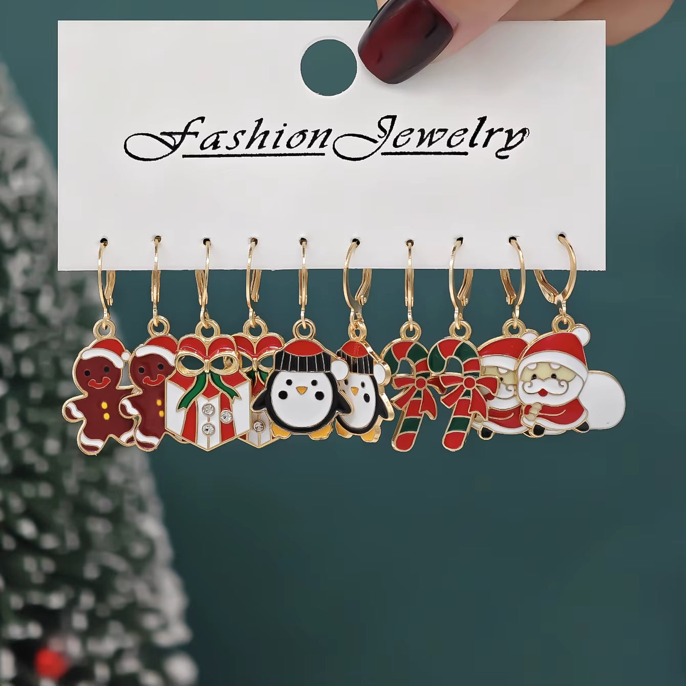 10Pcs Christmas Alloy Earrings Christmas Hat Colorful Star Diamond Studded Christmas Tree Reindeer Gingerbread Man Earrings
