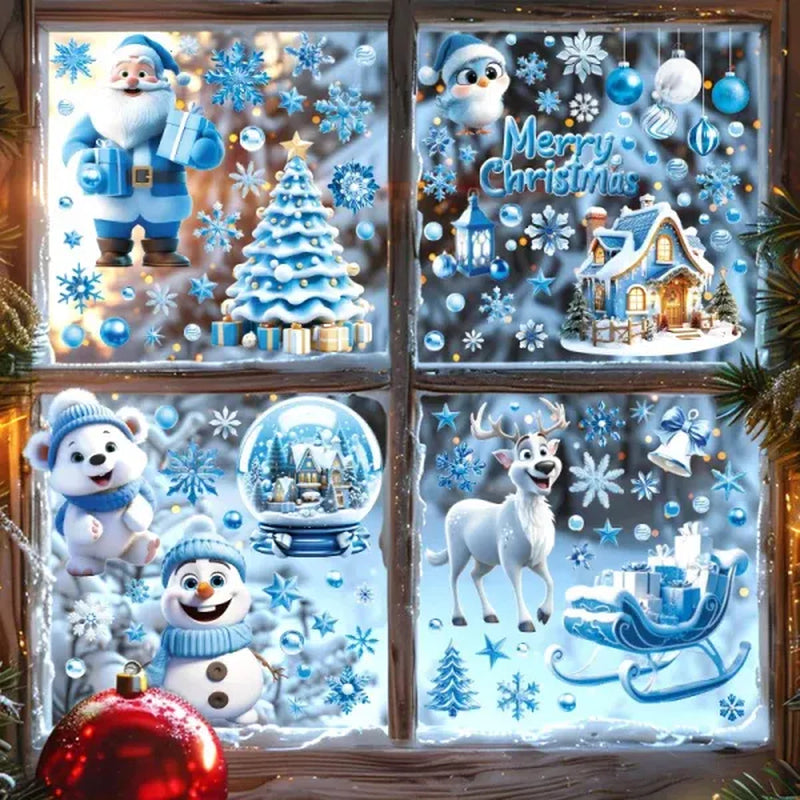 9 Sheets Christmas Window Clings Blue Theme Santa Claus Reindeer Snowman Snowflake Pattern Window Decal Reusable Double Sided Static Stickers for Holiday Winter Xmas Party Decoration