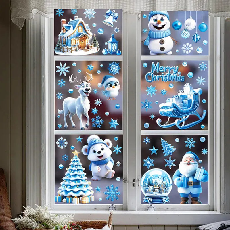 9 Sheets Christmas Window Clings Blue Theme Santa Claus Reindeer Snowman Snowflake Pattern Window Decal Reusable Double Sided Static Stickers for Holiday Winter Xmas Party Decoration