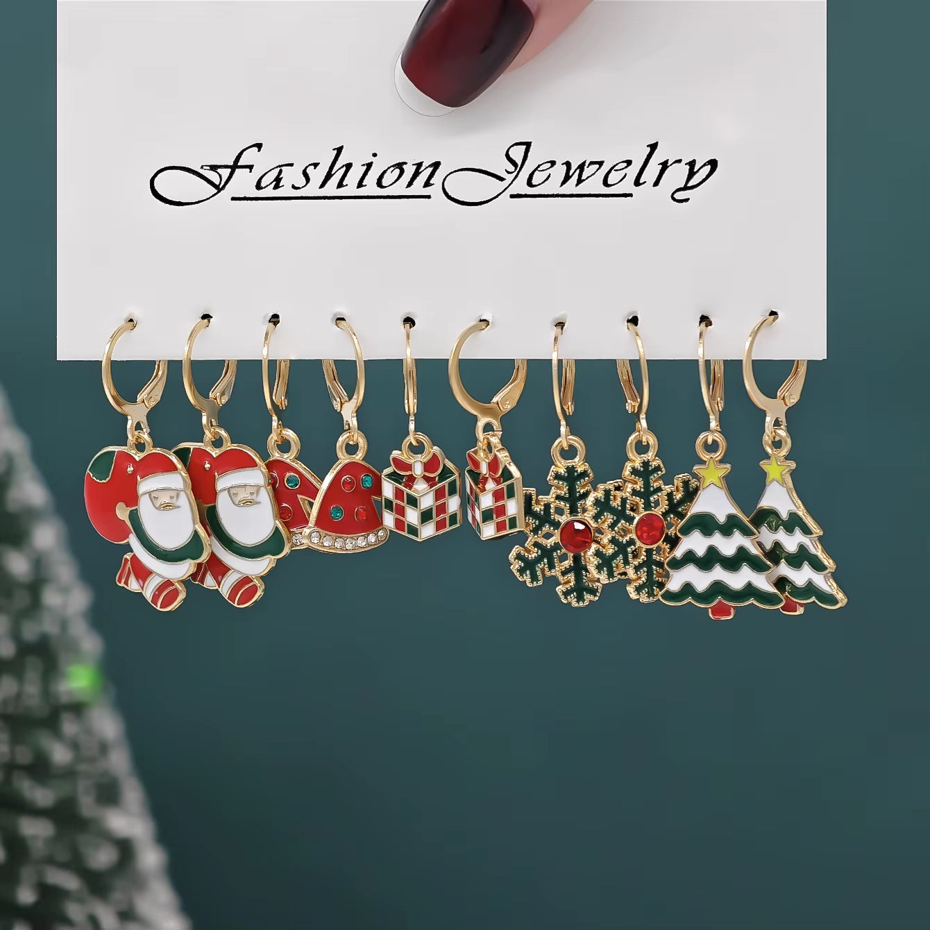 10Pcs Christmas Alloy Earrings Christmas Hat Colorful Star Diamond Studded Christmas Tree Reindeer Gingerbread Man Earrings