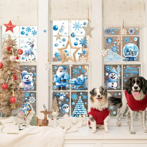 Load image into Gallery viewer, 9 Sheets Christmas Window Clings Blue Theme Santa Claus Reindeer Snowman Snowflake Pattern Window Decal Reusable Double Sided Static Stickers for Holiday Winter Xmas Party Decoration
