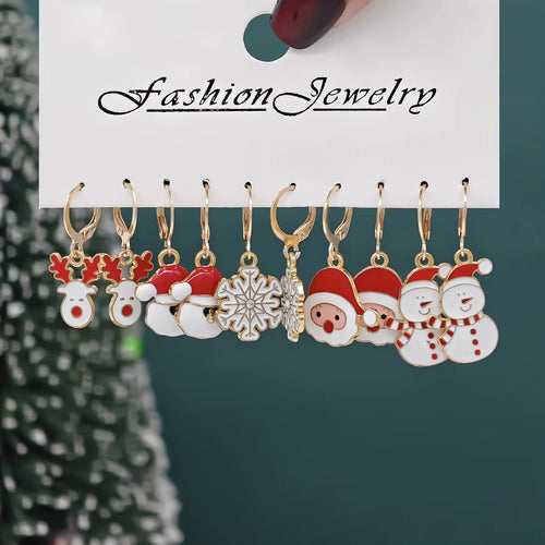 10Pcs Christmas Alloy Earrings Christmas Hat Colorful Star Diamond Studded Christmas Tree Reindeer Gingerbread Man Earrings