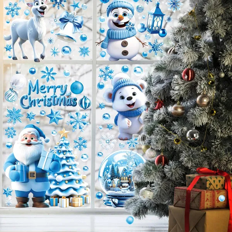 9 Sheets Christmas Window Clings Blue Theme Santa Claus Reindeer Snowman Snowflake Pattern Window Decal Reusable Double Sided Static Stickers for Holiday Winter Xmas Party Decoration