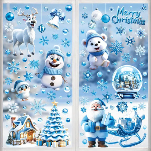 9 Sheets Christmas Window Clings Blue Theme Santa Claus Reindeer Snowman Snowflake Pattern Window Decal Reusable Double Sided Static Stickers for Holiday Winter Xmas Party Decoration
