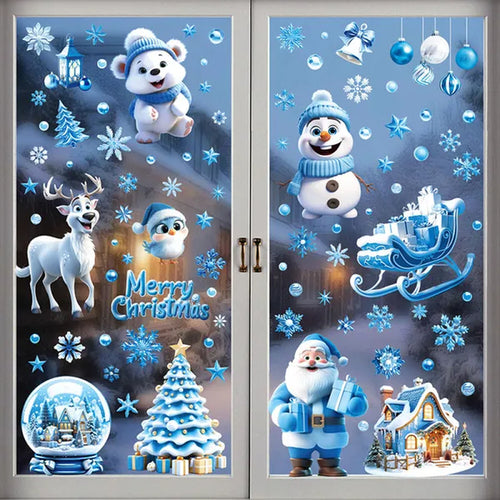 Load image into Gallery viewer, 9 Sheets Christmas Window Clings Blue Theme Santa Claus Reindeer Snowman Snowflake Pattern Window Decal Reusable Double Sided Static Stickers for Holiday Winter Xmas Party Decoration
