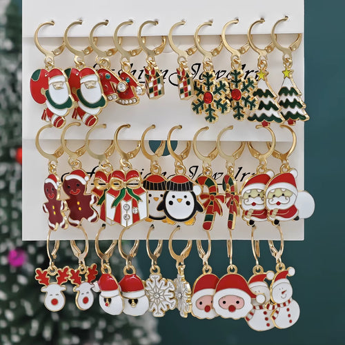10Pcs Christmas Alloy Earrings Christmas Hat Colorful Star Diamond Studded Christmas Tree Reindeer Gingerbread Man Earrings