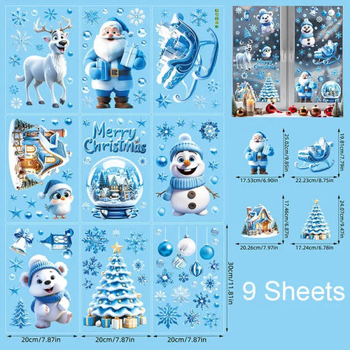 Load image into Gallery viewer, 9 Sheets Christmas Window Clings Blue Theme Santa Claus Reindeer Snowman Snowflake Pattern Window Decal Reusable Double Sided Static Stickers for Holiday Winter Xmas Party Decoration
